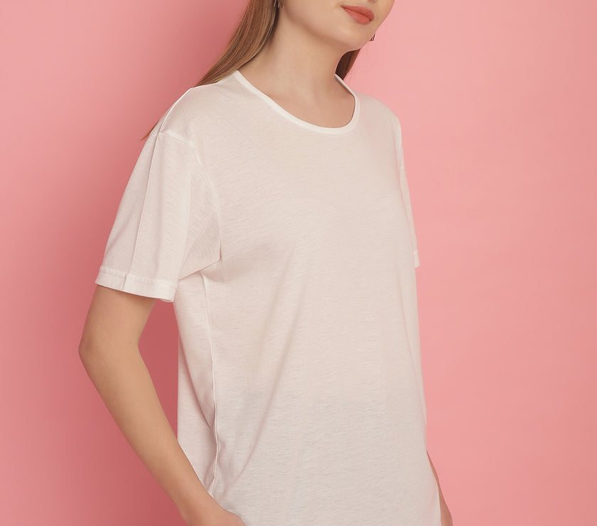 Mack Jonney Round Neck Cotton Solid White T-Shirt for Women