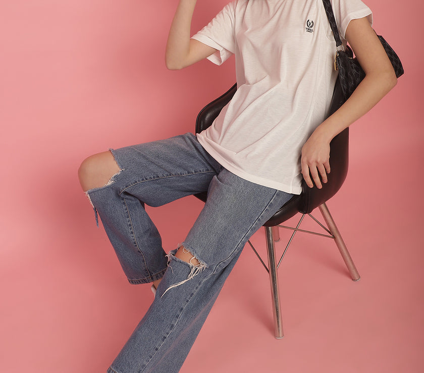 Mack Jonney Round Neck Cotton Solid White T-Shirt for Women