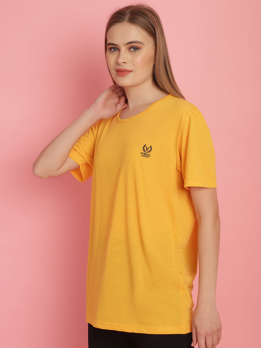 Mack Jonney Round Neck Cotton Solid Yellow T-Shirt for Women