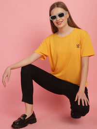 Mack Jonney Round Neck Cotton Solid Yellow T-Shirt for Women