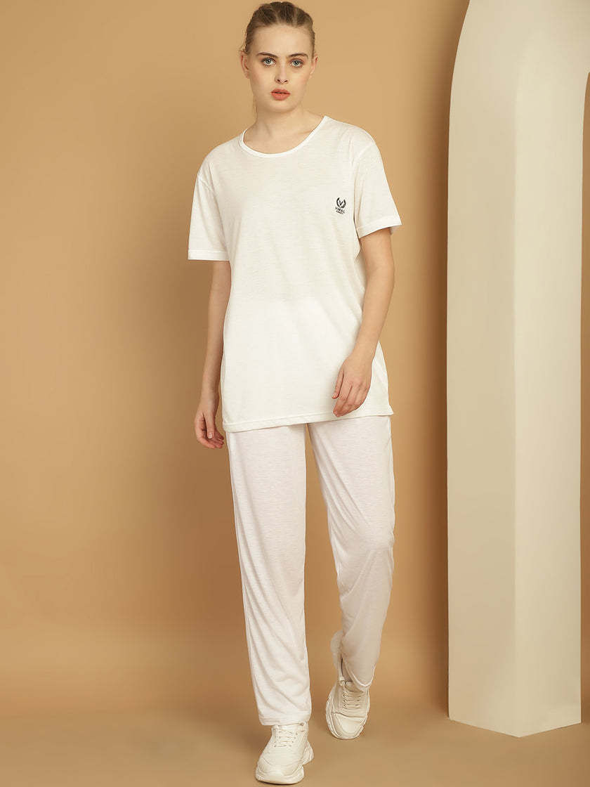 Mack Jonney White Cotton Solid Co-ord Set Tracksuit For Women