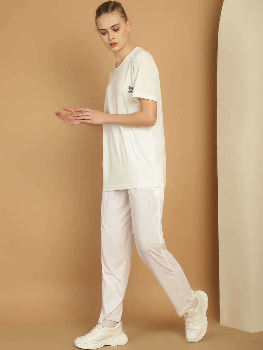 Mack Jonney White Cotton Solid Co-ord Set Tracksuit For Women