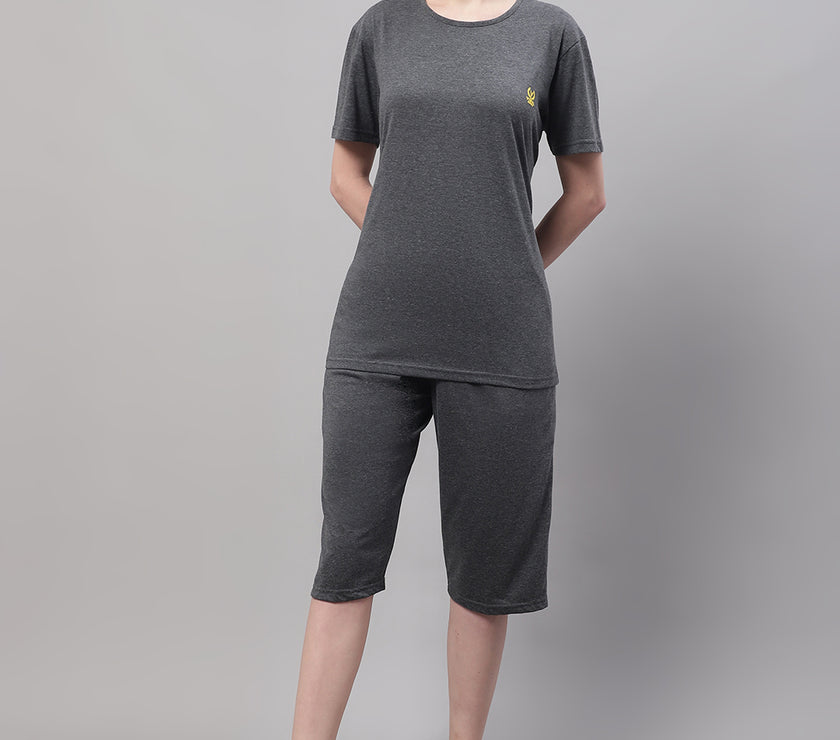 Mack Jonney Anthracite Cotton Solid Co-ord Set Tracksuit For Women