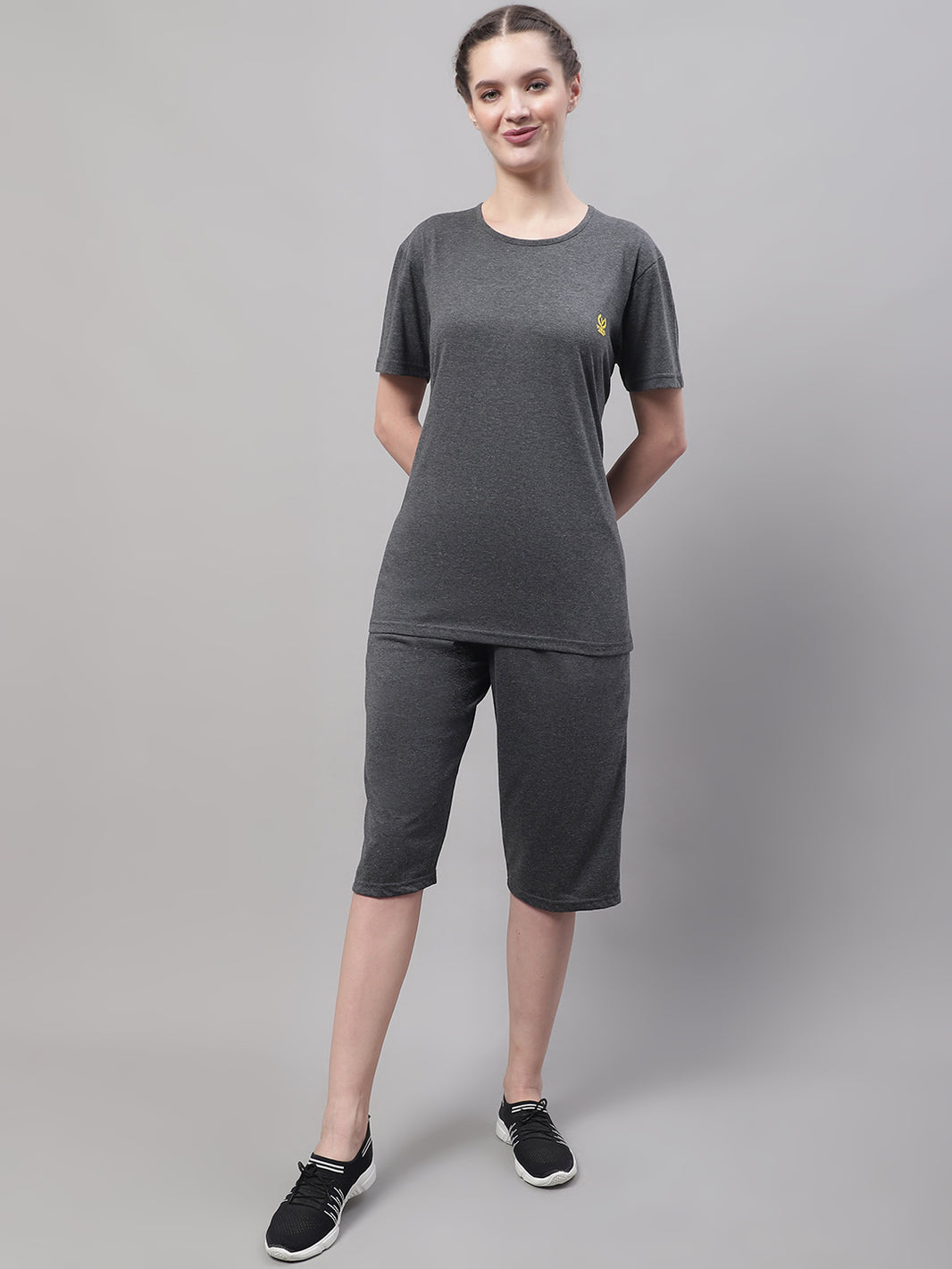 Mack Jonney Anthracite Cotton Solid Co-ord Set Tracksuit For Women