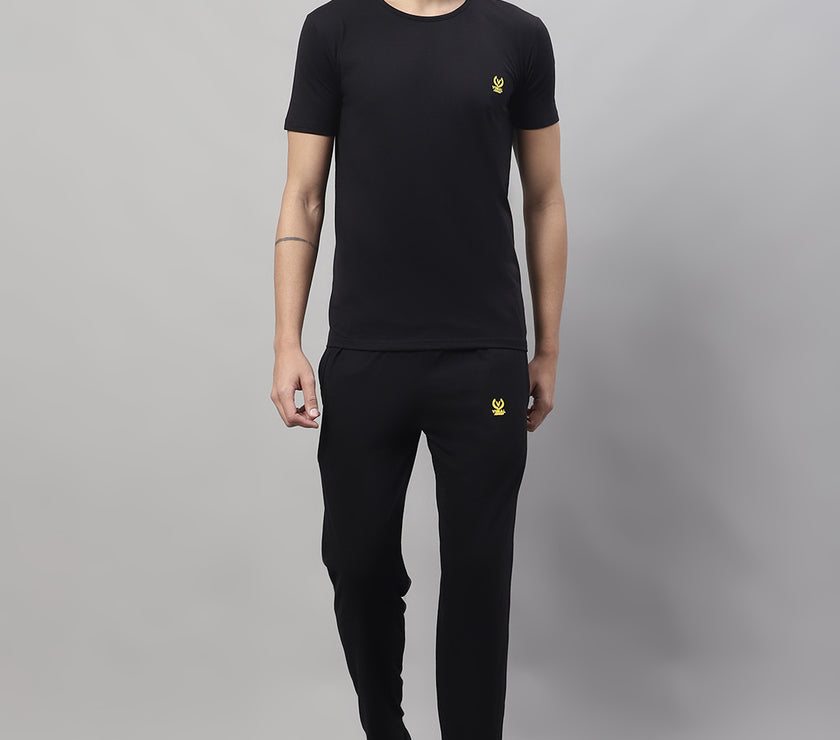 Mack Jonney Black Cotton Solid Co-ord Set Tracksuit For Men(Zip On 1 Side Pocket)