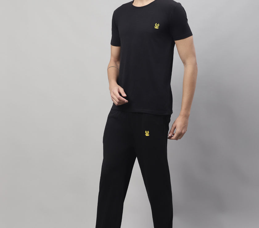 Mack Jonney Black Cotton Solid Co-ord Set Tracksuit For Men(Zip On 1 Side Pocket)