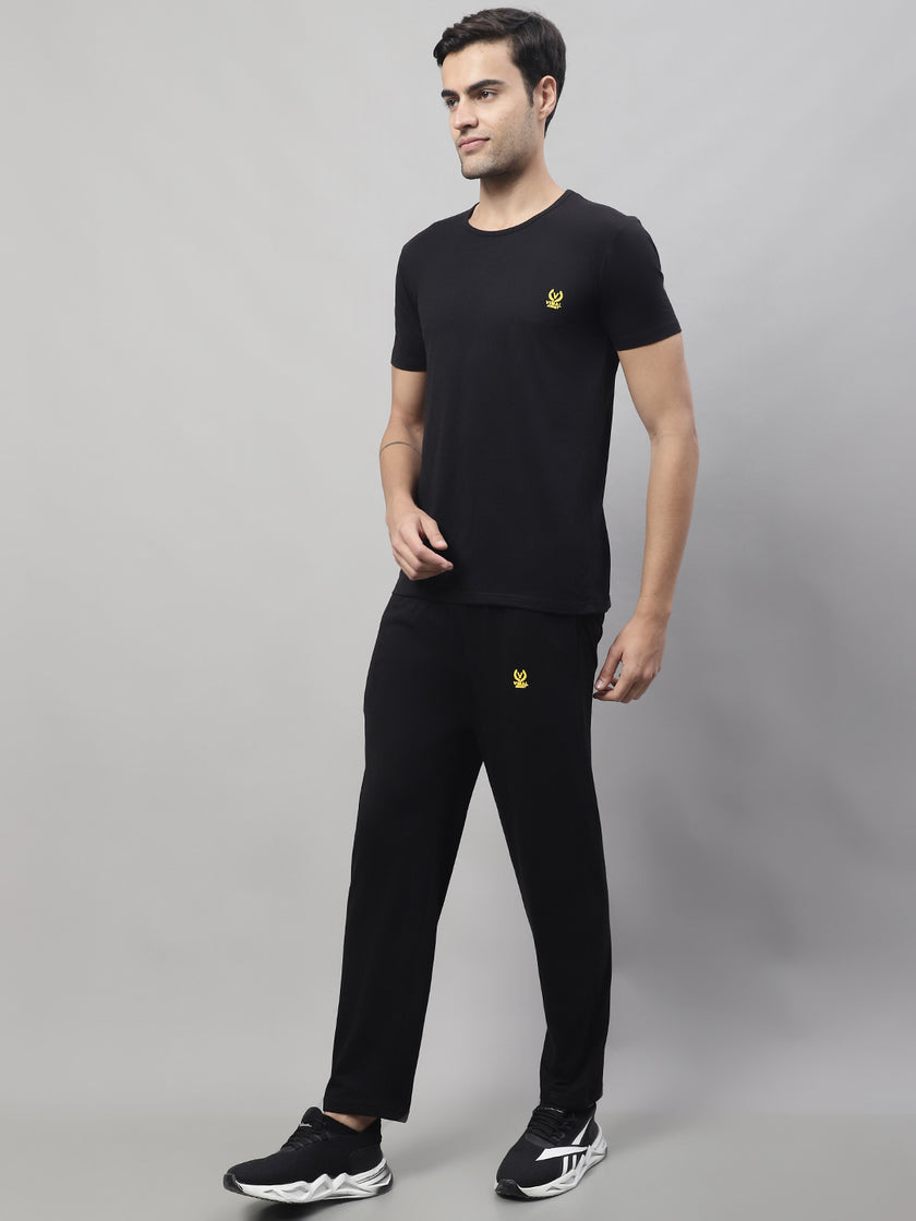 Mack Jonney Black Cotton Solid Co-ord Set Tracksuit For Men(Zip On 1 Side Pocket)