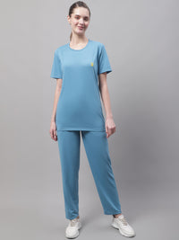 Mack Jonney Blue Cotton Solid Co-ord Set Tracksuit For Women