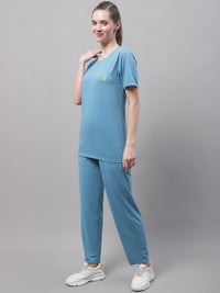 Mack Jonney Blue Cotton Solid Co-ord Set Tracksuit For Women