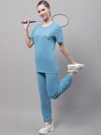 Mack Jonney Blue Cotton Solid Co-ord Set Tracksuit For Women