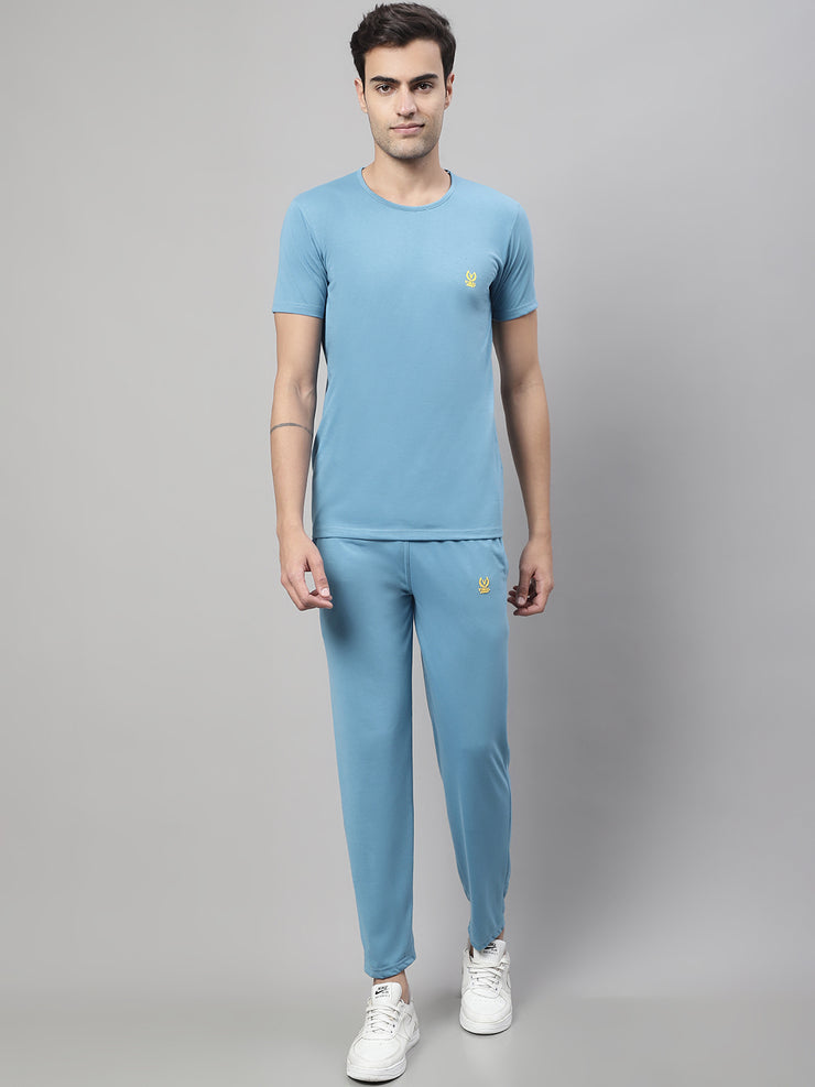 Mack Jonney Blue Cotton Solid Co-ord Set Tracksuit For Men(Zip On 1 Side Pocket)