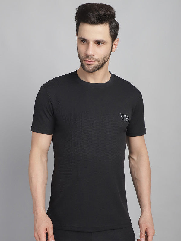 Mack Jonney Solid Black Round Neck Polyester Lycra Half sleeves Tshirt For Men