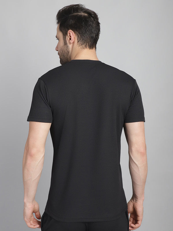 Mack Jonney Solid Black Round Neck Polyester Lycra Half sleeves Tshirt For Men