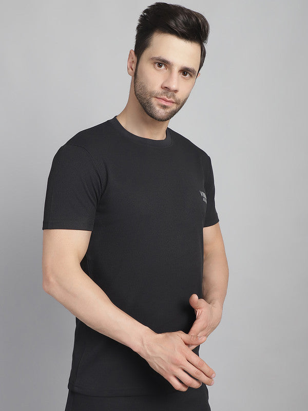 Mack Jonney Solid Black Round Neck Polyester Lycra Half sleeves Tshirt For Men