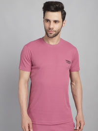 Mack Jonney Solid Pink Round Neck Polyester Lycra Half sleeves Tshirt For Men