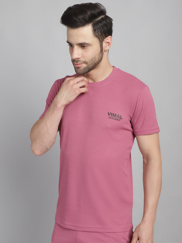 Mack Jonney Solid Pink Round Neck Polyester Lycra Half sleeves Tshirt For Men