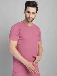 Mack Jonney Solid Pink Round Neck Polyester Lycra Half sleeves Tshirt For Men