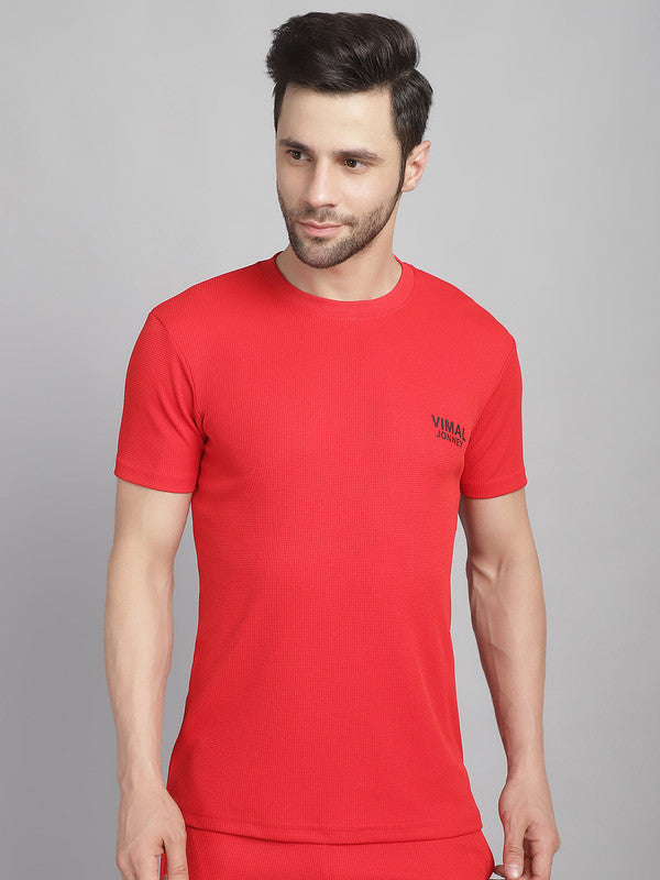 Mack Jonney Solid Red Round Neck Polyester Lycra Half sleeves Tshirt For Men