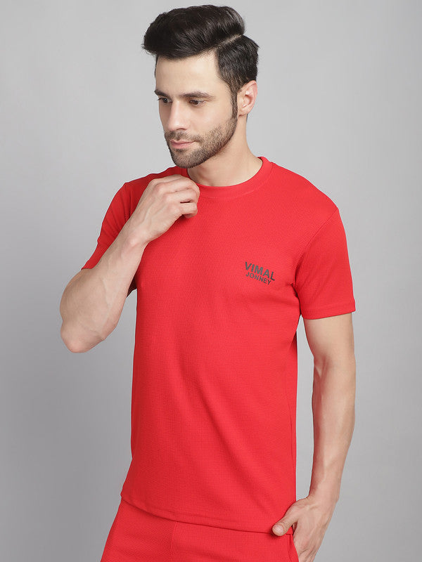 Mack Jonney Solid Red Round Neck Polyester Lycra Half sleeves Tshirt For Men