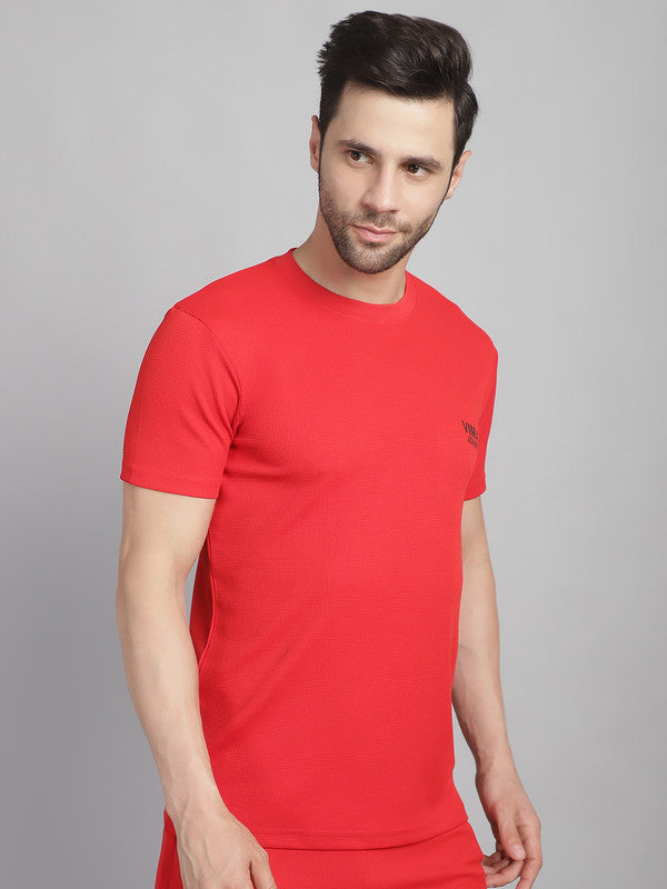 Mack Jonney Solid Red Round Neck Polyester Lycra Half sleeves Tshirt For Men