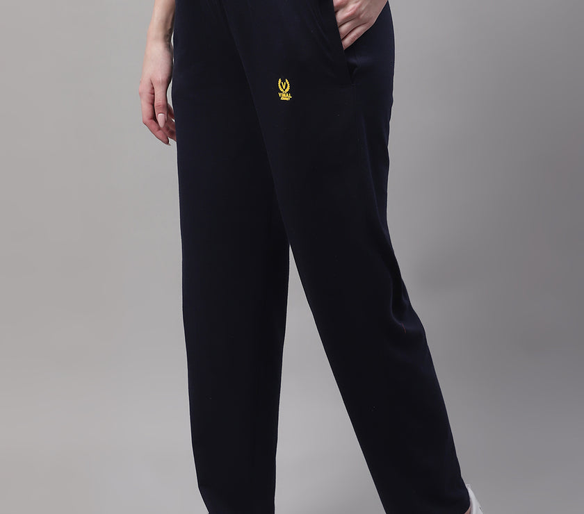 Mack Jonney Navy Blue Regular fit Cotton Trackpant for Women(Zip On 1 Side Pocket)