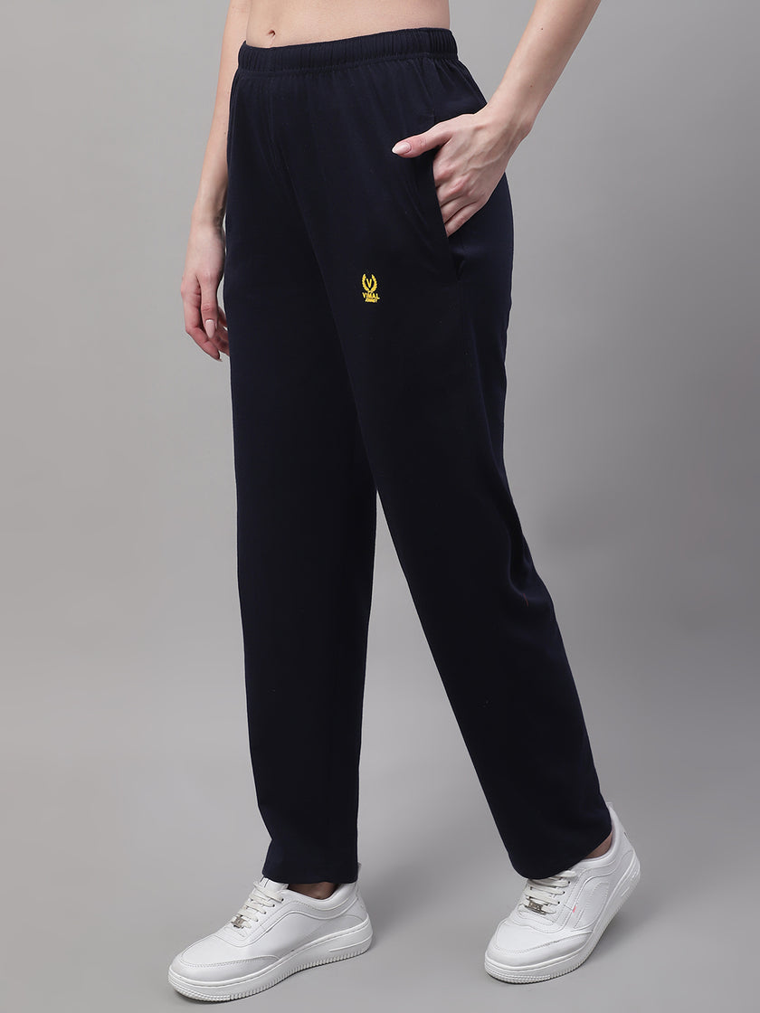 Mack Jonney Navy Blue Regular fit Cotton Trackpant for Women(Zip On 1 Side Pocket)