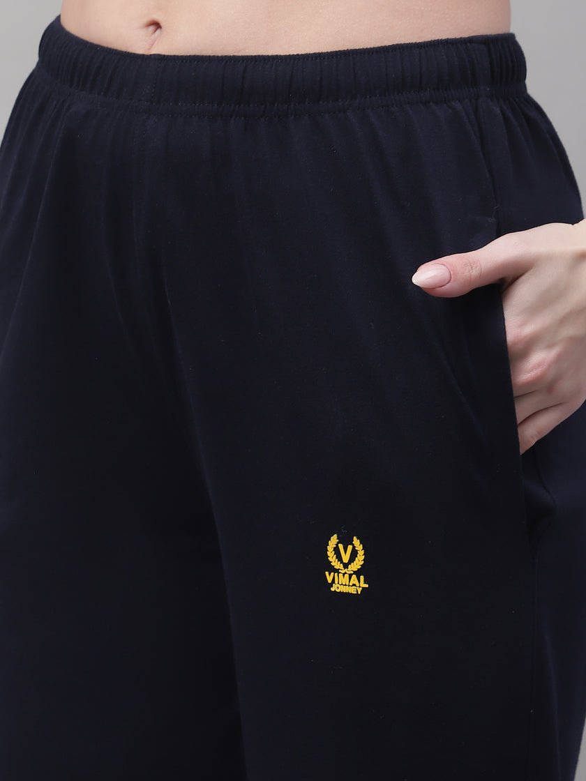 Mack Jonney Navy Blue Regular fit Cotton Trackpant for Women(Zip On 1 Side Pocket)