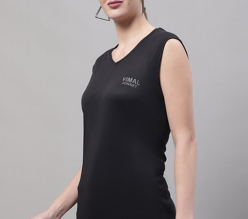 Mack Jonney Regular Fit Dryfit Lycra Solid Black Gym Vest for Women