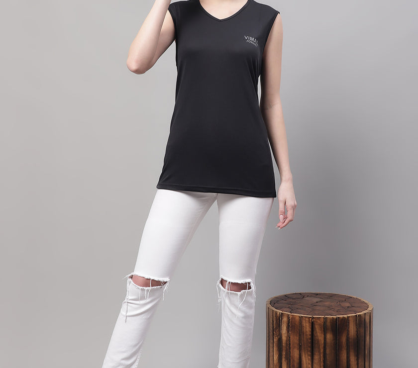 Mack Jonney Regular Fit Dryfit Lycra Solid Black Gym Vest for Women