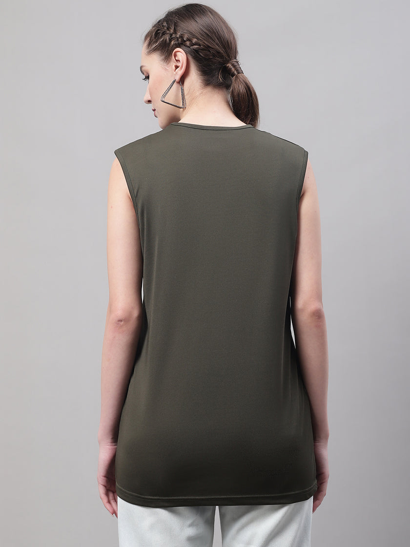 Mack Jonney Regular Fit Dryfit Lycra Solid Olive Gym Vest for Women