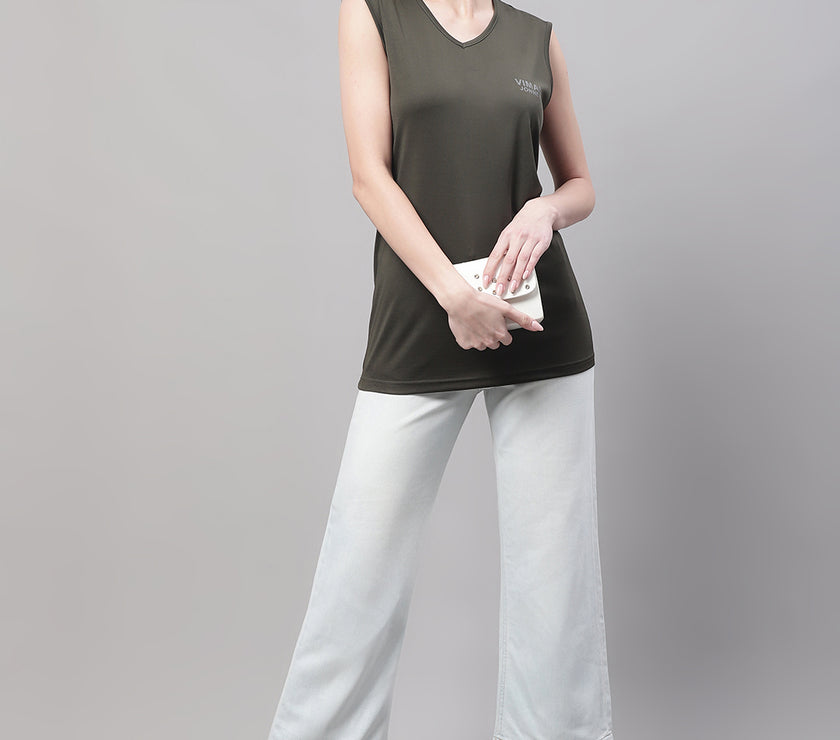 Mack Jonney Regular Fit Dryfit Lycra Solid Olive Gym Vest for Women