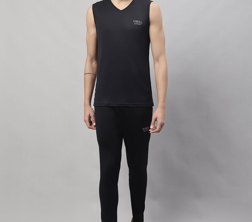 Mack Jonney Black Dryfit Lycra Solid Co-ord Set Tracksuit For Men(Zip On 1 Side Pocket)