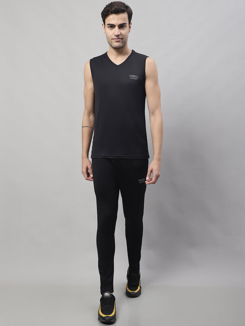 Mack Jonney Black Dryfit Lycra Solid Co-ord Set Tracksuit For Men(Zip On 1 Side Pocket)