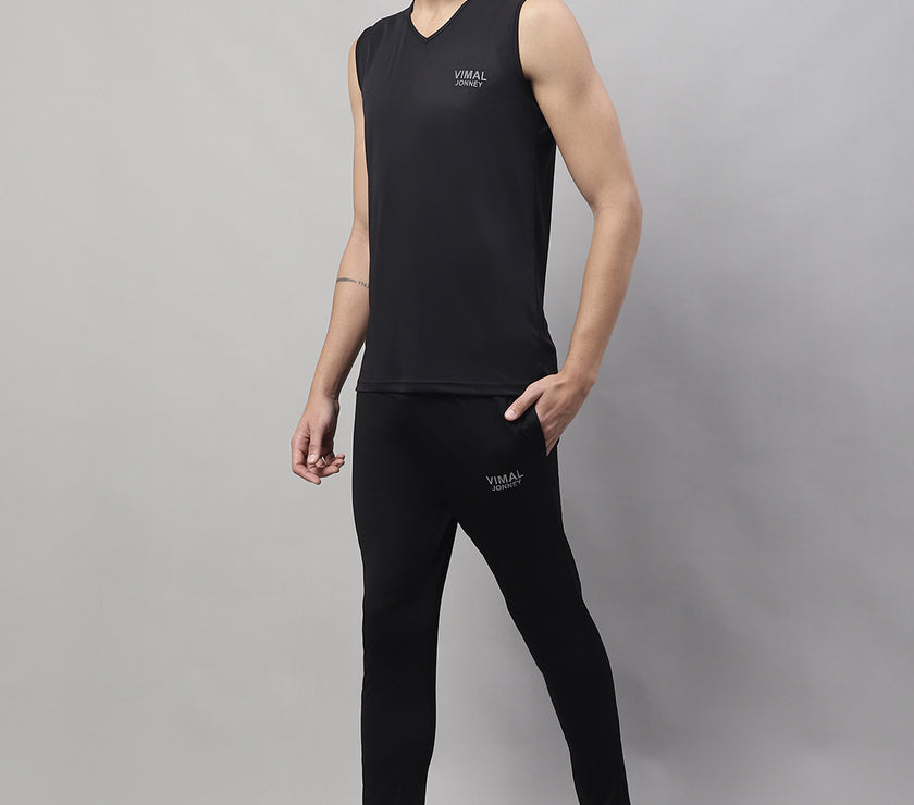 Mack Jonney Black Dryfit Lycra Solid Co-ord Set Tracksuit For Men(Zip On 1 Side Pocket)