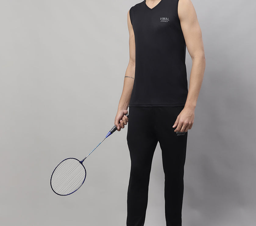 Mack Jonney Black Dryfit Lycra Solid Co-ord Set Tracksuit For Men(Zip On 1 Side Pocket)