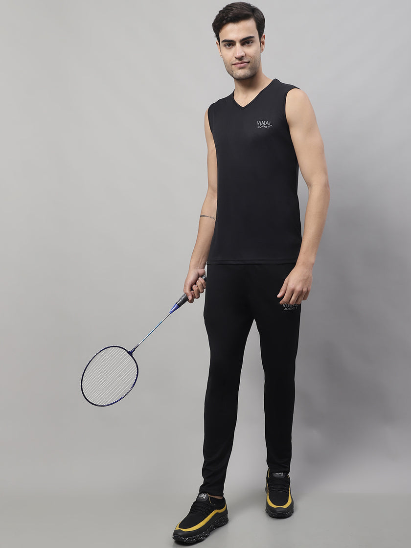 Mack Jonney Black Dryfit Lycra Solid Co-ord Set Tracksuit For Men(Zip On 1 Side Pocket)