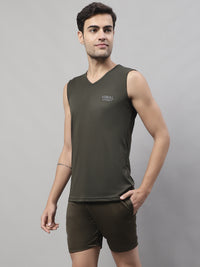 Mack Jonney Olive Dryfit Lycra Solid Co-ord Set Tracksuit For Men(Zip On 1 Side Pocket)