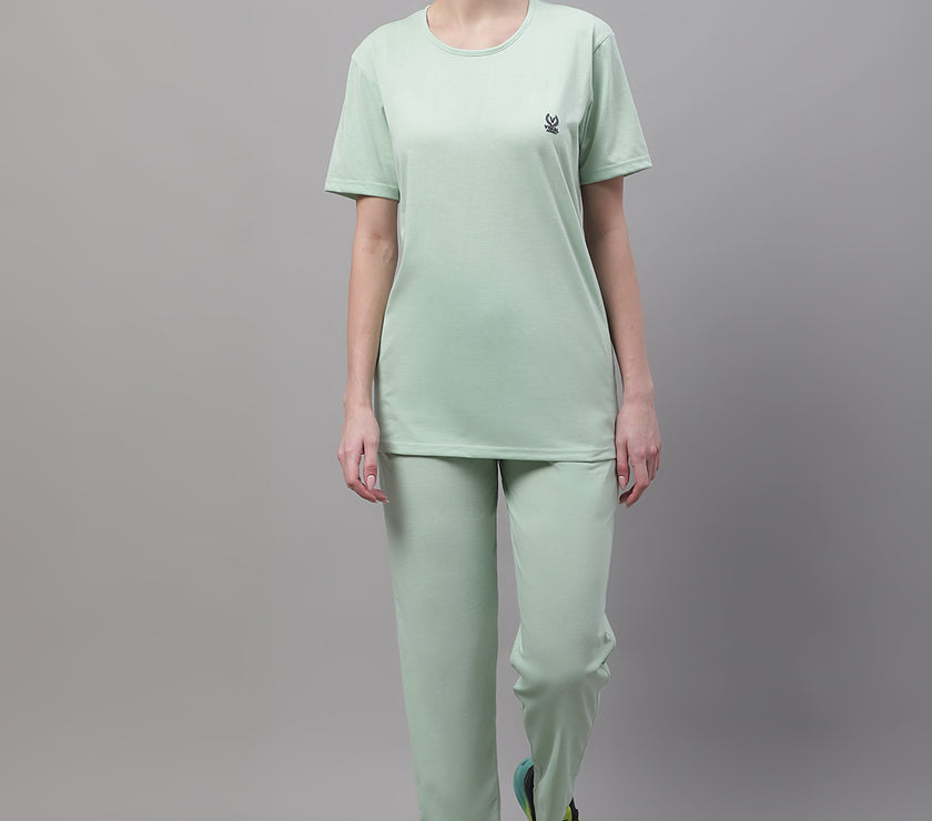 Mack Jonney Light Green Cotton Solid Co-ord Set Tracksuit For Women