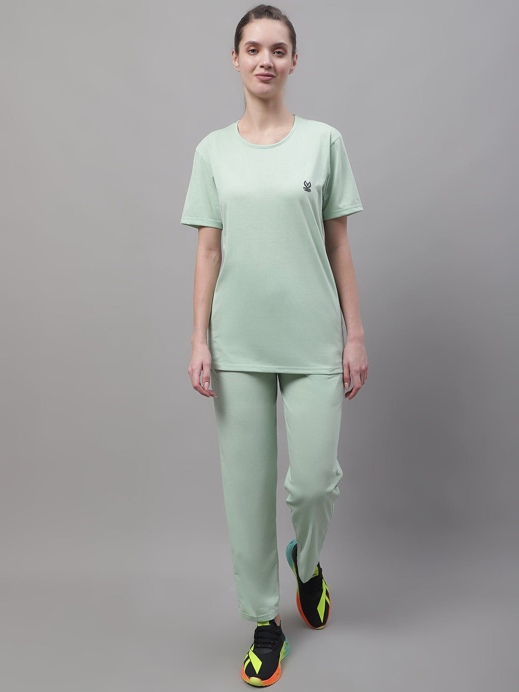 Mack Jonney Light Green Cotton Solid Co-ord Set Tracksuit For Women