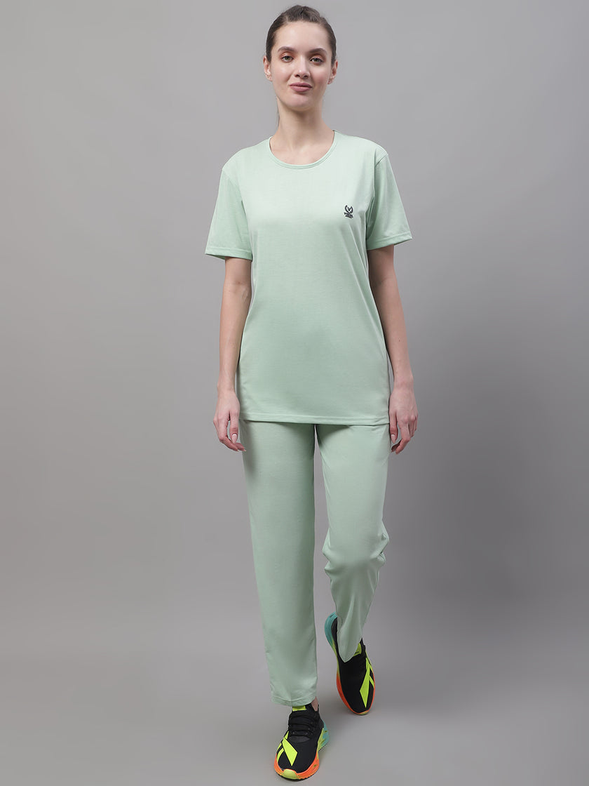 Mack Jonney Light Green Cotton Solid Co-ord Set Tracksuit For Women