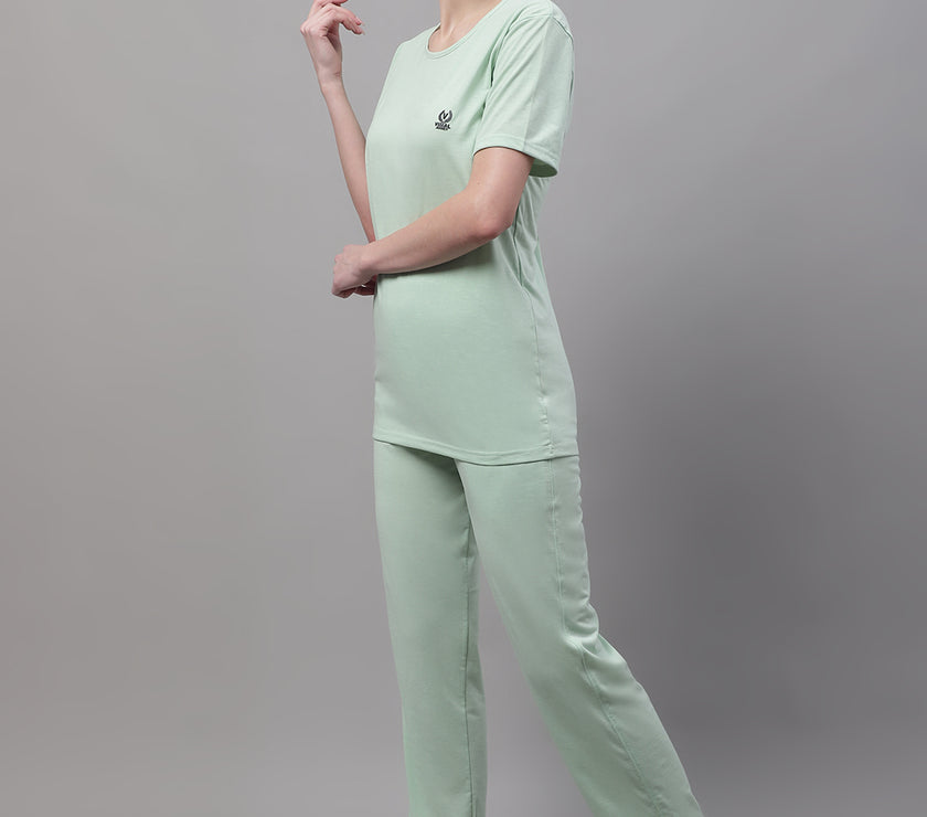Mack Jonney Light Green Cotton Solid Co-ord Set Tracksuit For Women