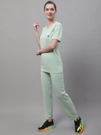 Mack Jonney Light Green Cotton Solid Co-ord Set Tracksuit For Women