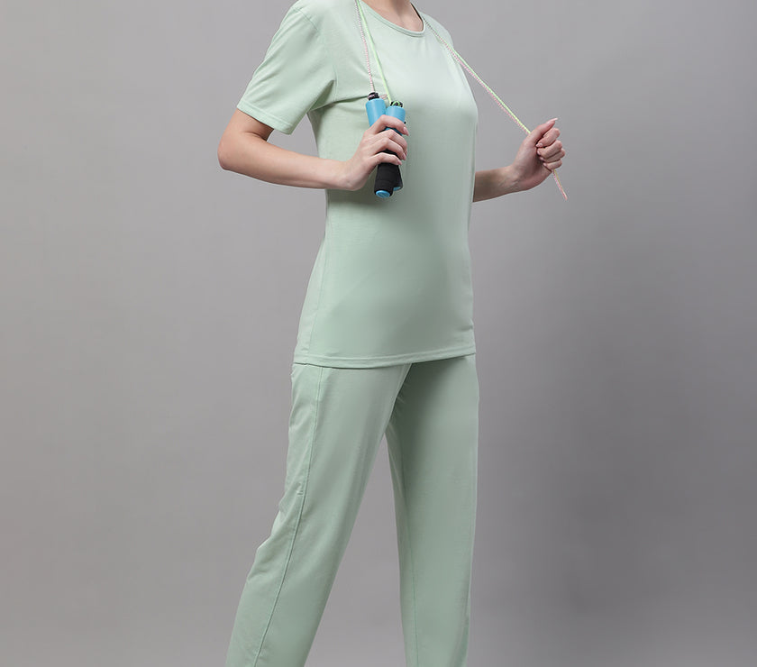 Mack Jonney Light Green Cotton Solid Co-ord Set Tracksuit For Women