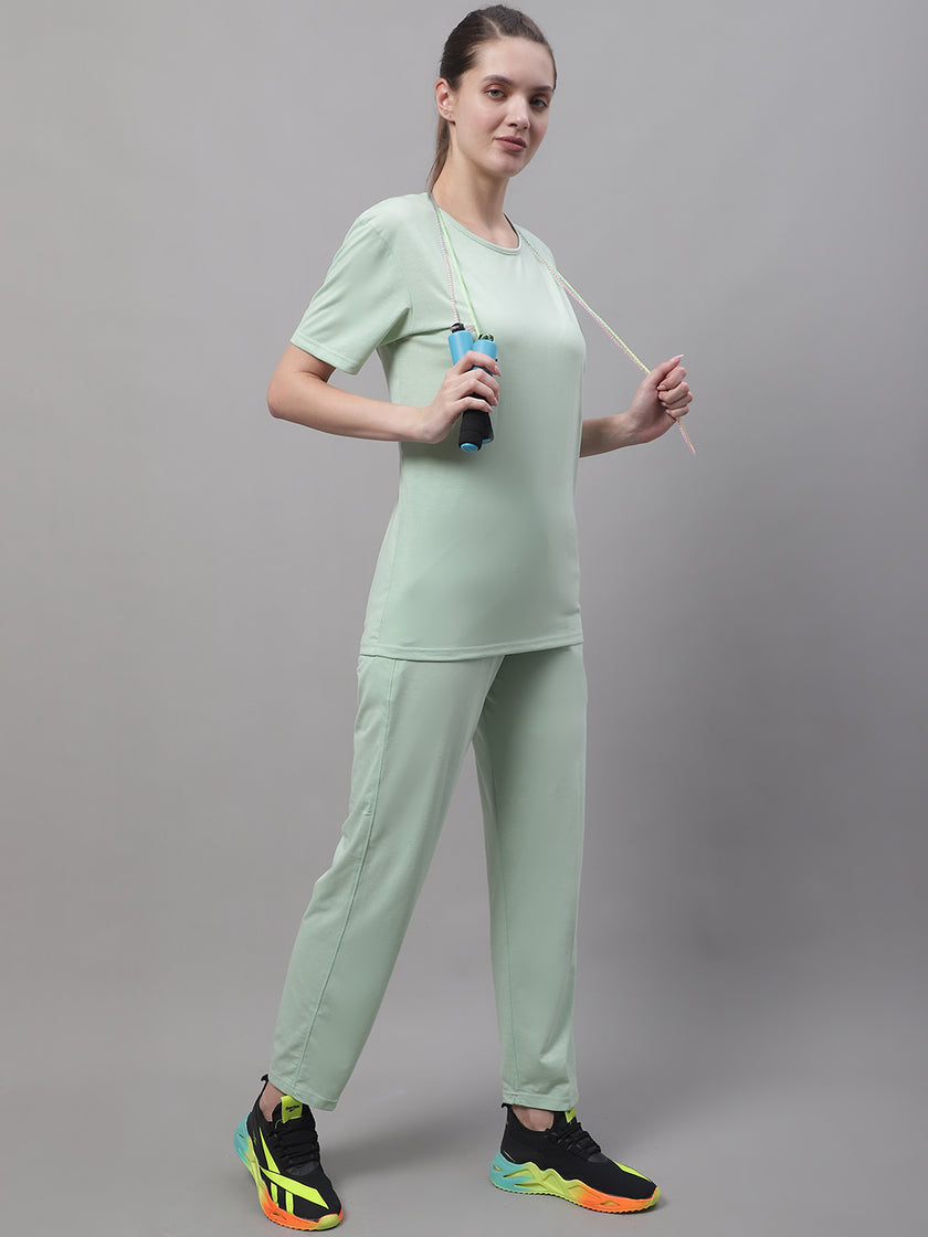 Mack Jonney Light Green Cotton Solid Co-ord Set Tracksuit For Women
