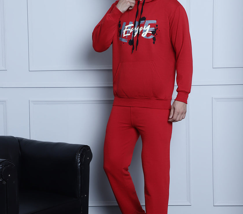 Mack Jonney Maroon Printed Hooded Cotton Fleece Tracksuit for Men