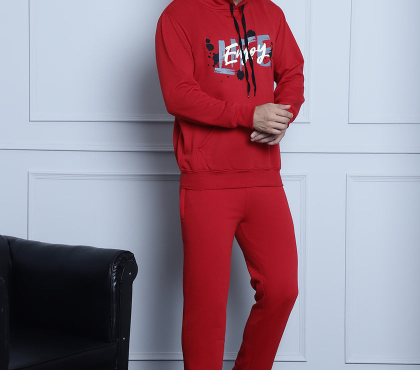 Mack Jonney Maroon Printed Hooded Cotton Fleece Tracksuit for Men