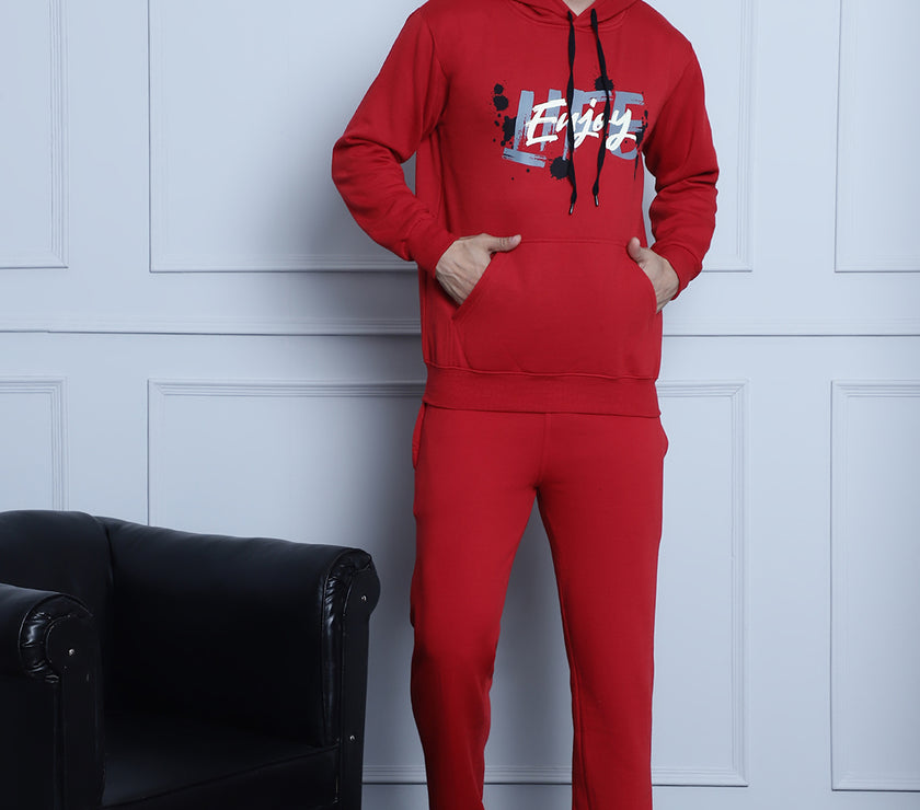 Mack Jonney Maroon Printed Hooded Cotton Fleece Tracksuit for Men