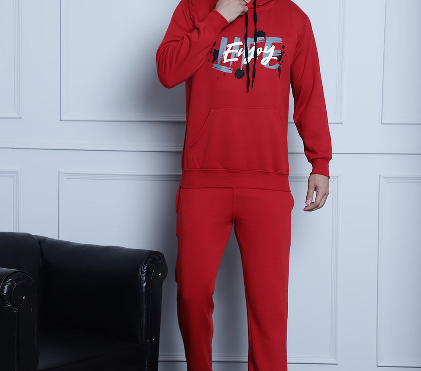 Mack Jonney Maroon Printed Hooded Cotton Fleece Tracksuit for Men