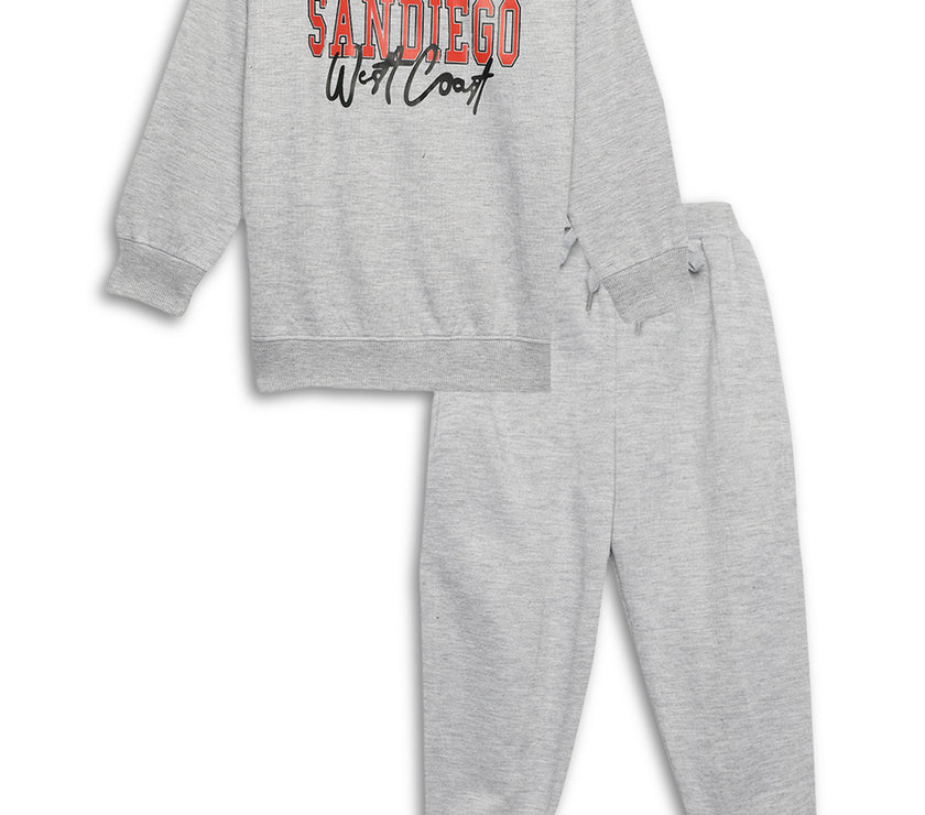 Mack Jonney Grey Melange Printed Round Neck Cotton Fleece Tracksuit Co-ord Set for Kids
