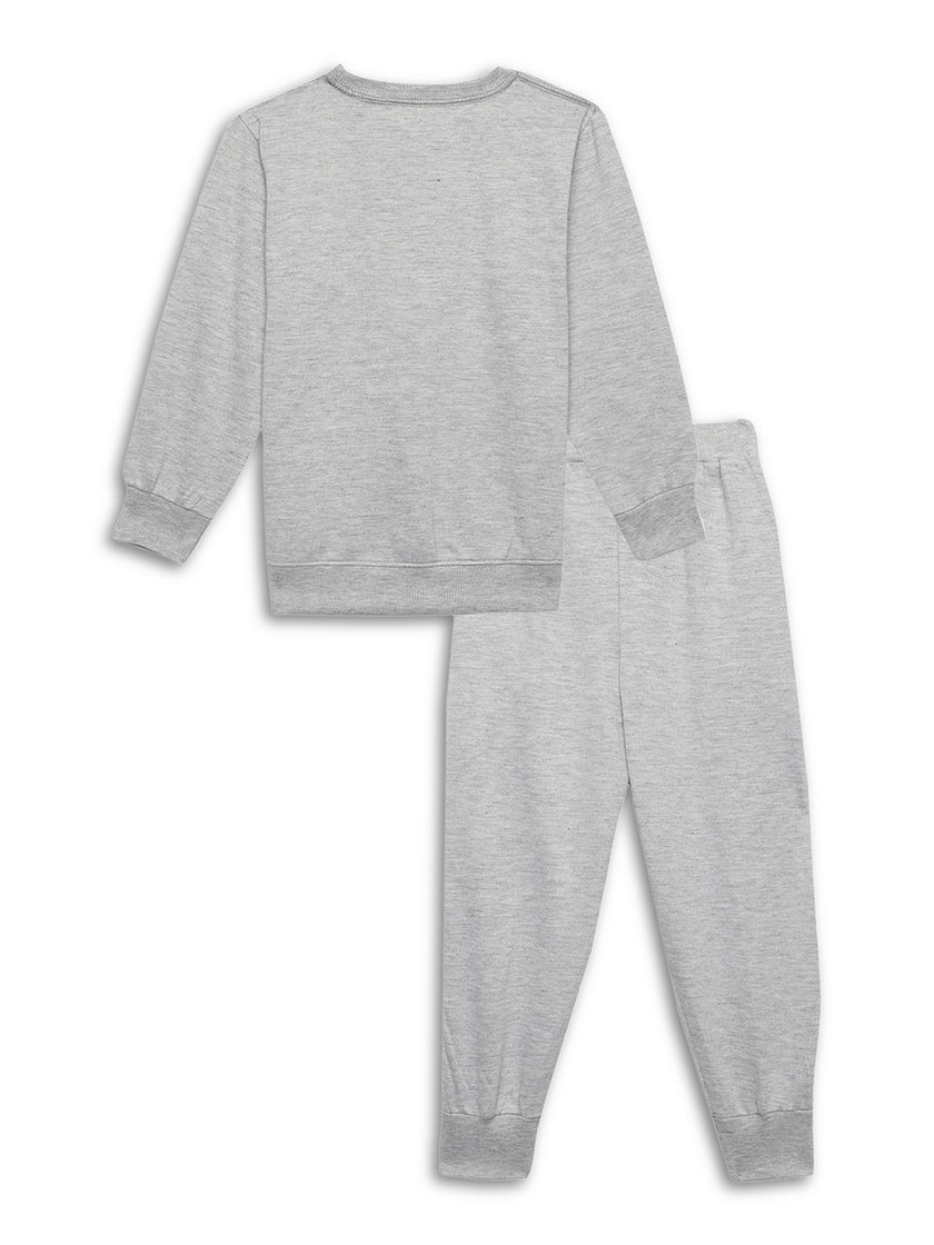 Mack Jonney Grey Melange Printed Round Neck Cotton Fleece Tracksuit Co-ord Set for Kids